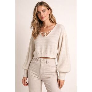 Moon River Cream Cropped Knit Sweater Boho Balloon Sleeve Medium